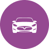 White front-facing car icon, resembling a sleek electric vehicle, centered in a solid purple circle.