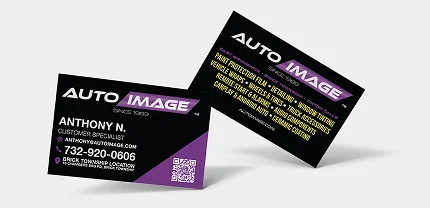 Two Auto Image business cards on a white background. One card shows contact info for Anthony N., Customer Specialist, including phone number 732-920-0606 and email anthony@autoimage.com. The other lists services like paint protection film, detailing, window tinting, auto electronics, and ceramic coating in bold yellow text.