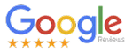 Google Reviews logo with five gold stars below the word "Google," indicating a 5-star customer rating.