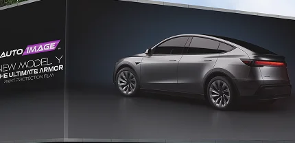 Billboard-style advertisement featuring a sleek gray Tesla Model Y on a dark gradient background. The text on the left reads: “AUTO IMAGE – NEW MODEL Y – THE ULTIMATE ARMOR – PAINT PROTECTION FILM.”