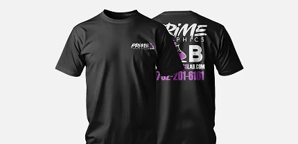 Black t-shirt with front and back views shown. The front has a small “Prime Graphics” logo on the chest, while the back displays a larger logo with contact info including “PRIME GRAPHICS LAB,” a stylized “PGLAB.COM,” and the phone number 732-201-6181 in white and purple text.