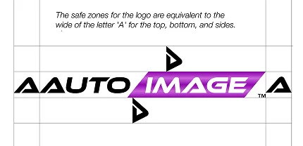 Logo spacing guide for “AUTO IMAGE” showing the required safe zones around the logo, defined by the width of the letter "A" on all sides. The logo features bold black and purple text with directional arrows indicating the margin requirements.