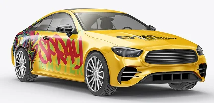 Yellow sports coupe with a custom vehicle wrap featuring bold graffiti-style art that says “SPRAY” in large red and green letters along the side. The hood displays a logo for “Pro Wrap Group.”