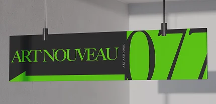 Modern rectangular sign hanging from the ceiling with a bold black and neon green design. The sign reads "ART NOUVEAU" on the left and “077” with "ART AND MORE" in smaller text on the right.