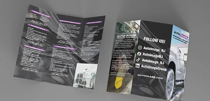 Tri-fold brochure for Auto Image NJ displayed both open and closed. The design includes a smoky black and gray background with purple accents, social media handles, service listings, and images of automotive detailing.