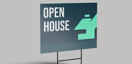 Open house yard sign with a dark teal background, bold white text, and a mint green abstract house icon. The bottom of the sign features a subtle checkered pattern.