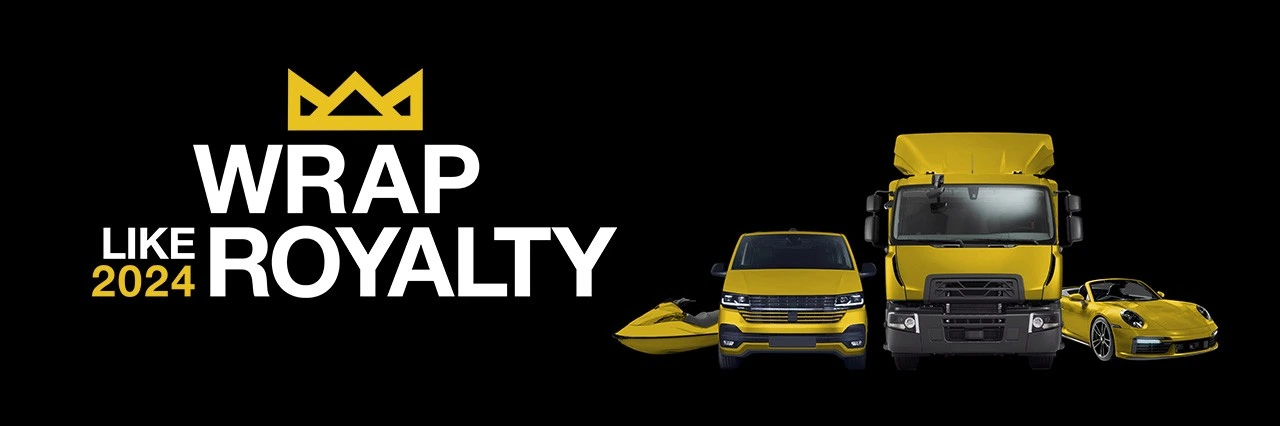 Promotional banner reading “Wrap Like Royalty 2024” with a yellow crown graphic above the word "Wrap." On the right, a yellow jet ski, SUV, box truck, and sports car are displayed against a black background, showcasing custom vehicle wraps.
