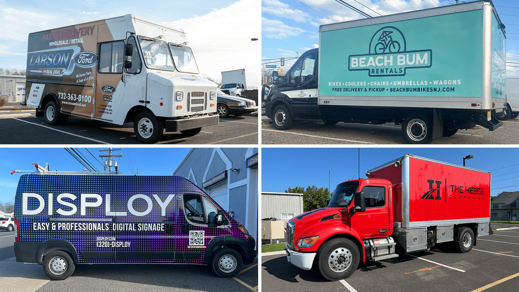 Commercial vehicles featuring custom vinyl wraps by Prime Graphics Lab.